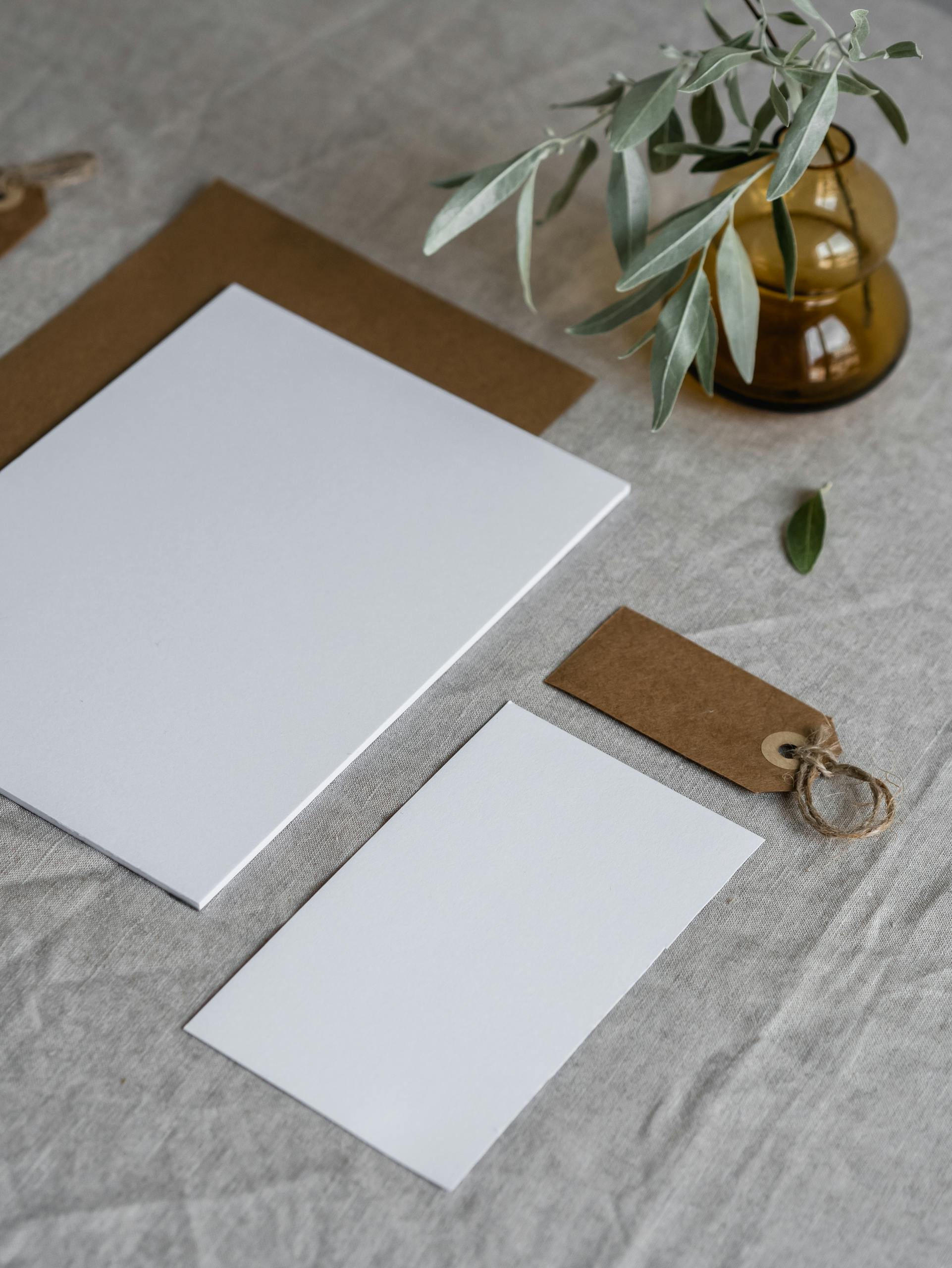 Minimalist stationery set with kraft paper and olive branch on linen. Perfect for design mockups.
